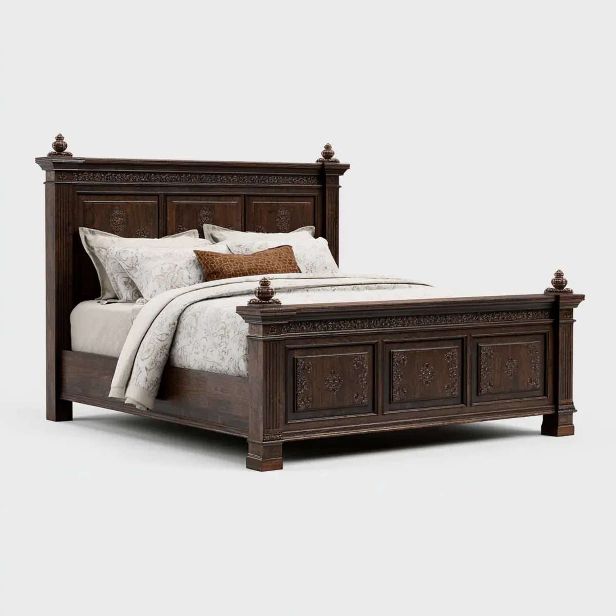 Lit double classique brun foncé en MDF et bois d’hévéa massif pour matelas 160 x 200 cm