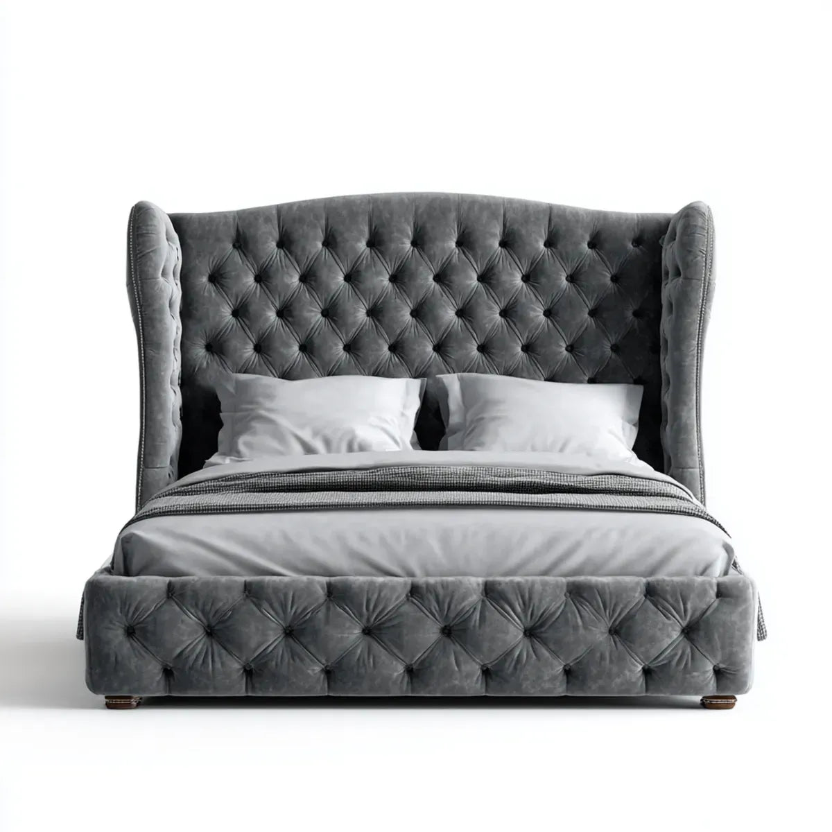 Lit double capitonné gris foncé 160 x 200 cm en velours de polyester avec tête de lit à oreilles