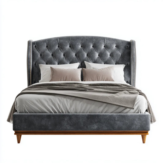 Lit double capitonné gris anthracite 160 x 200 cm en microfibre polyester avec cadre rectangulaire