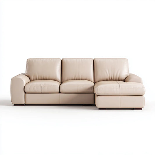 Canapé d'angle 3 places avec méridienne droite beige en cuir synthétique PU forme en L 250 x 160 x 88 cm