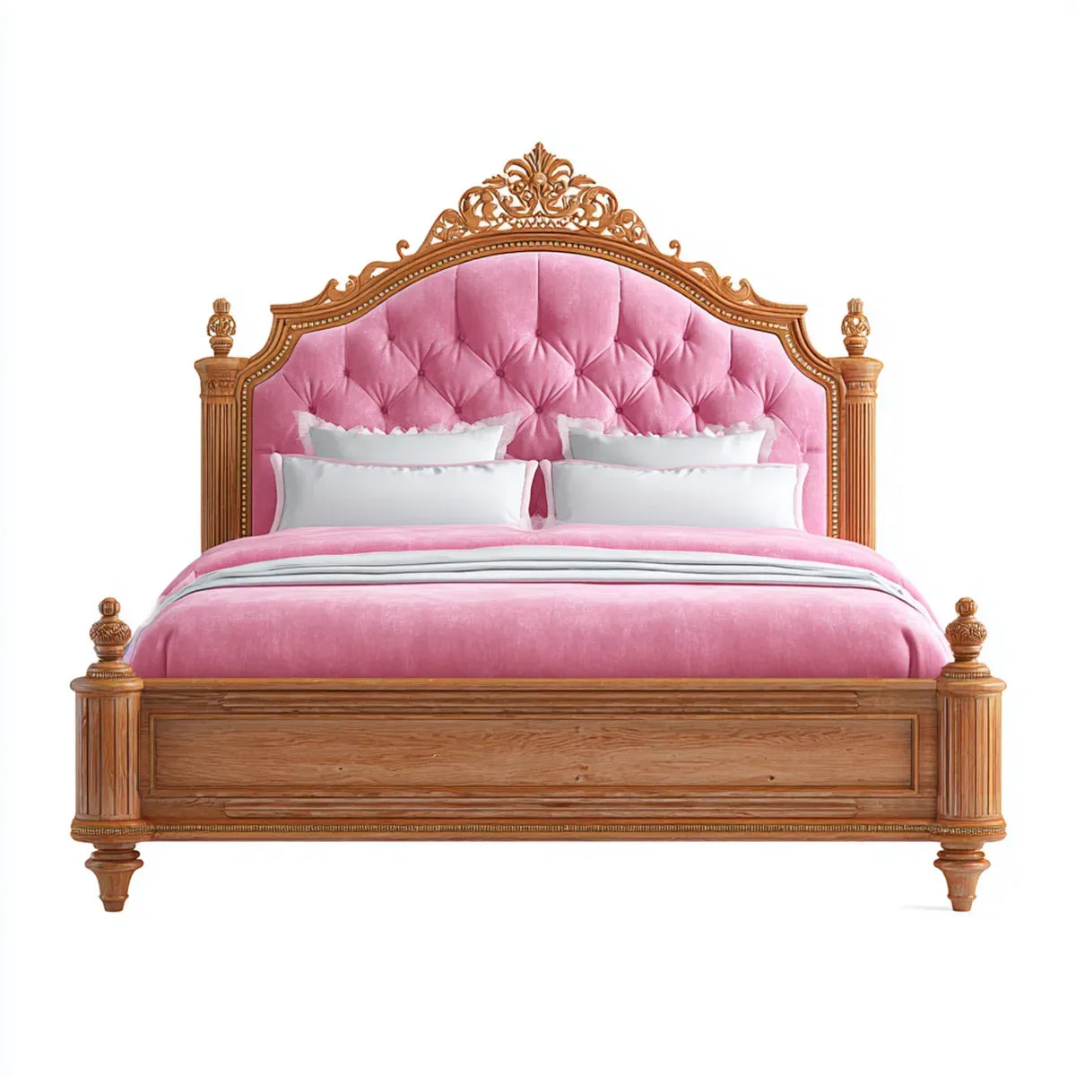 Lit double 180 x 200 cm rose et brun en bois massif avec tête de lit capitonnée