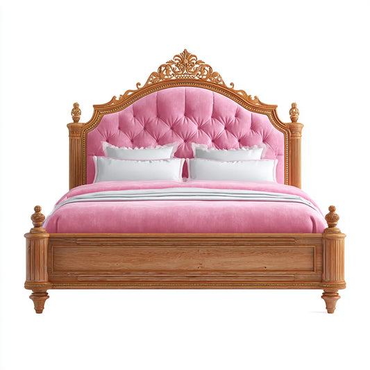 Lit double 180 x 200 cm rose et brun en bois massif avec tête de lit capitonnée
