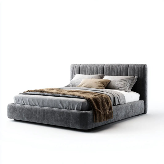 Lit double rembourré gris 160 x 200 cm en velours polyester rectangulaire